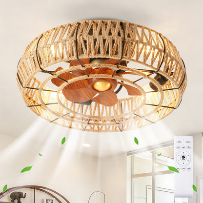 20 Inch Black Rope Cage Ceiling Fan with Lights - Remote Control