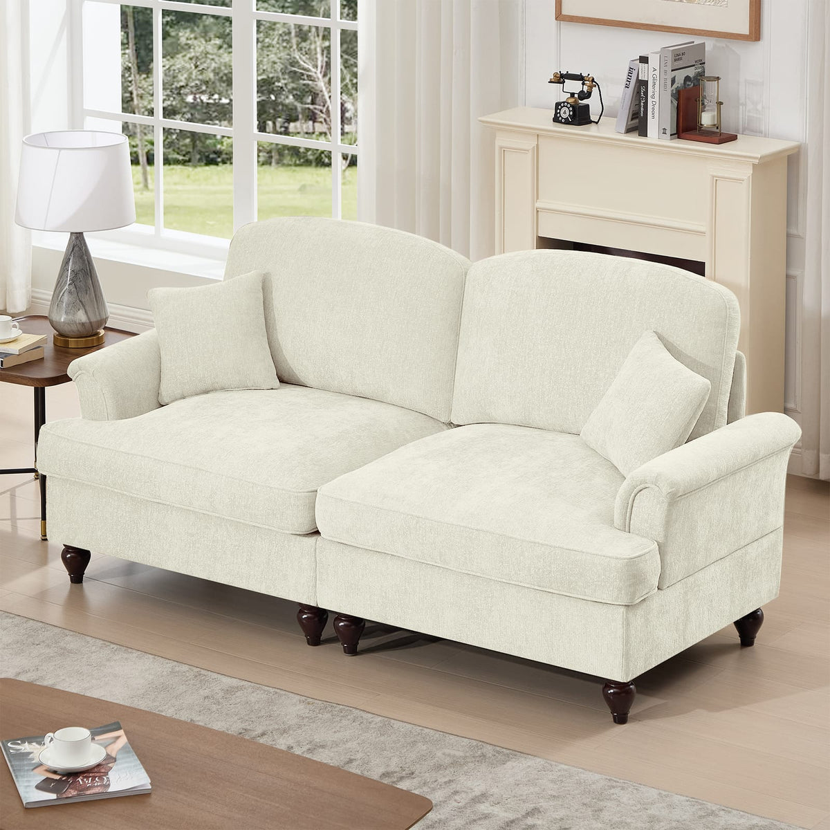 Two Seat Beige White Chenille Sofa Couch with Ruffles for Living Room