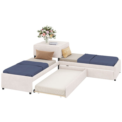 L-Shaped Platform Bed with Trundle - Twin Beige for Bedroom