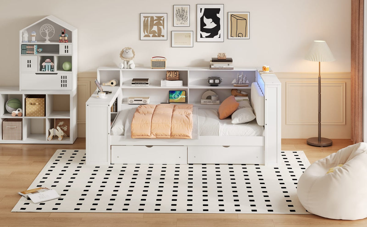Twin Size Beige+White Wood Platform Bed with Storage