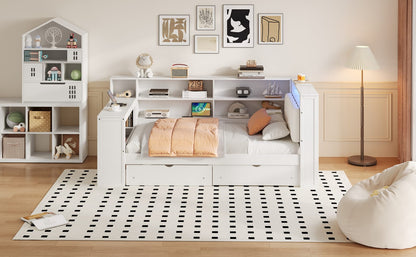 Twin Size Beige+White Wood Platform Bed with Storage