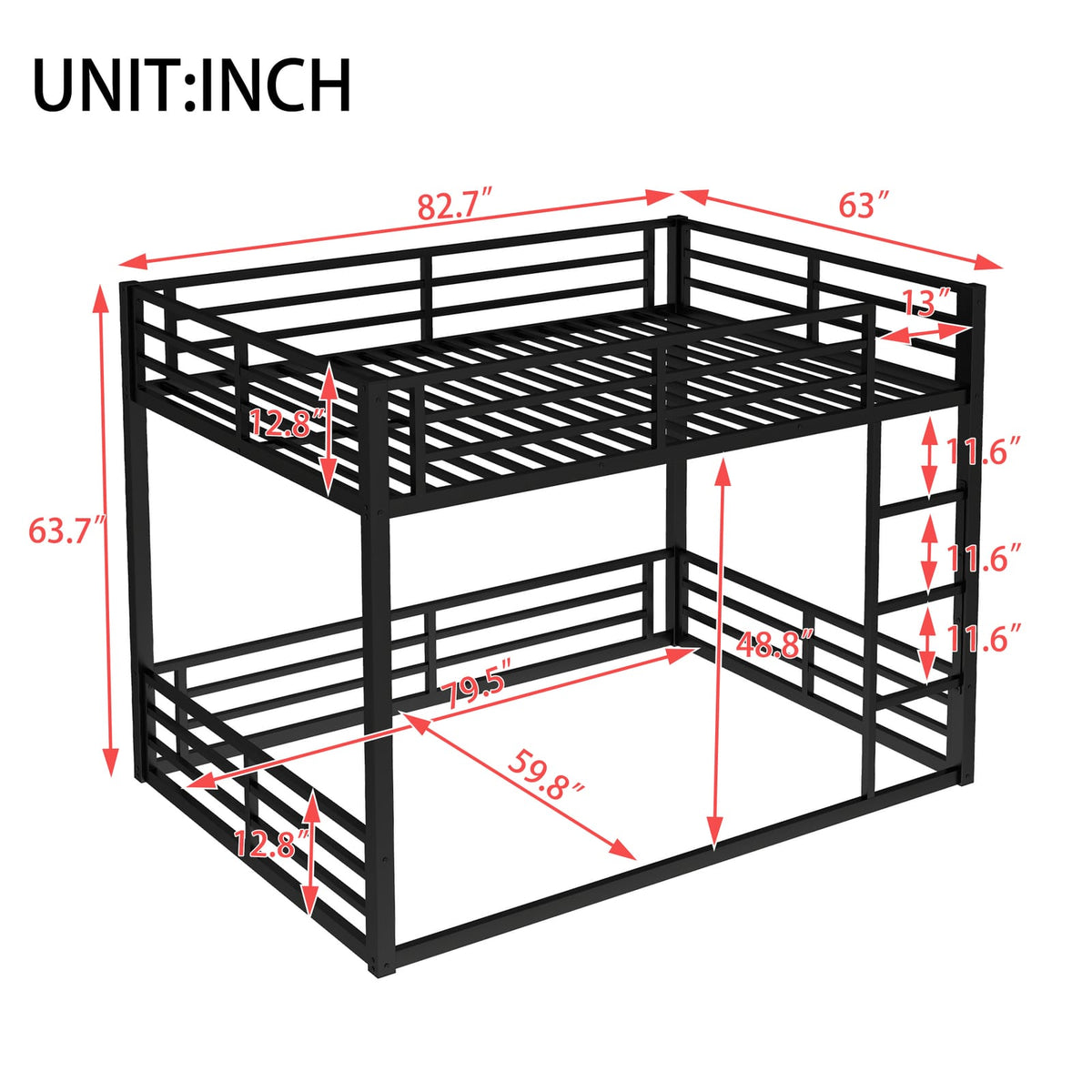 Queen Size Metal Bunk Bed - Black Frame for Bedroom