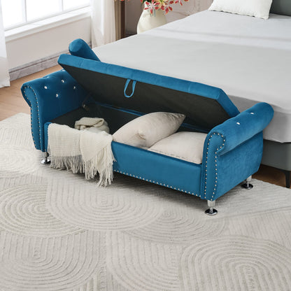 Eucalyptus Blue Velvet Storage Bench for Bedroom and Living Room