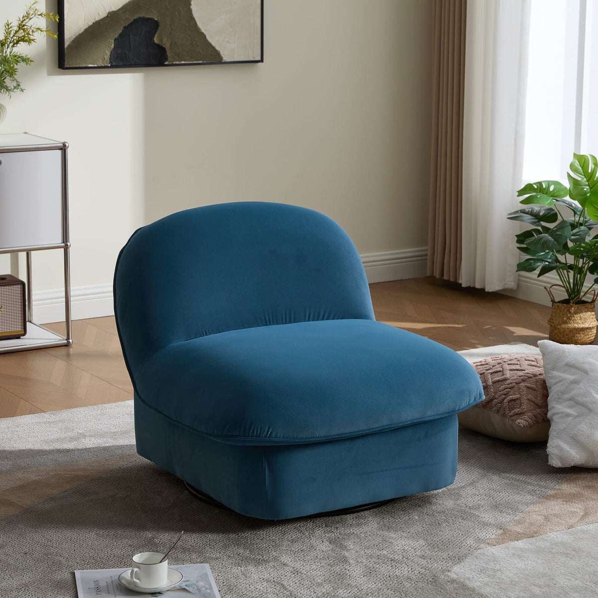 Swivel Accent Chair - Smoke Blue Velvet, 360° Base for Living Room