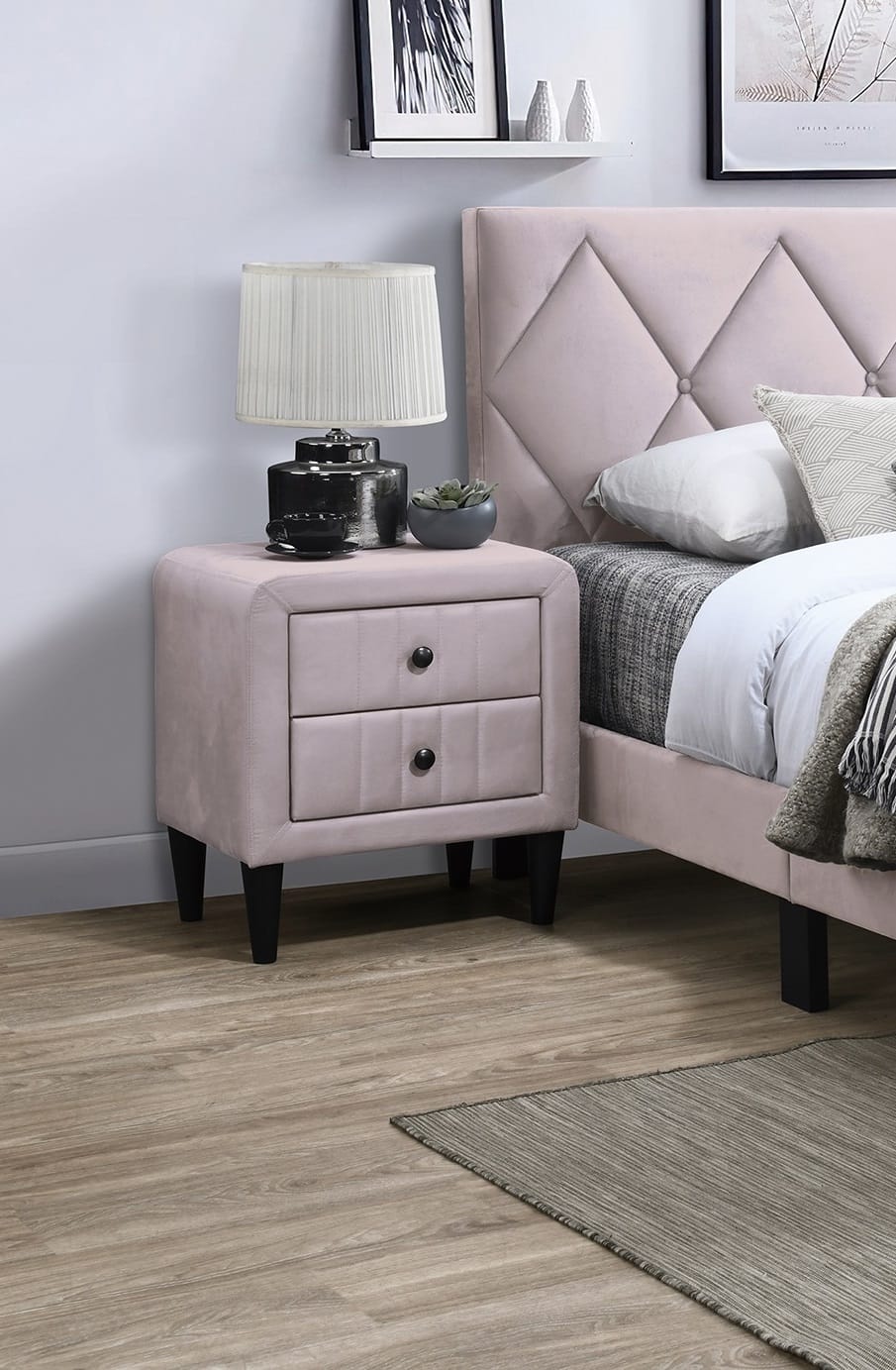 Light Pink Velvet 2-Drawer Nightstand for Glam Bedroom Storage
