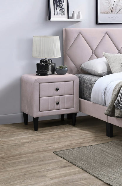 Light Pink Velvet 2-Drawer Nightstand for Glam Bedroom Storage