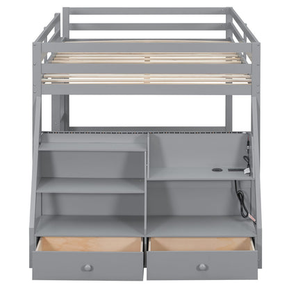 Full Bunk Bed with LED Lights & USB Ports - Gray for Bedroom