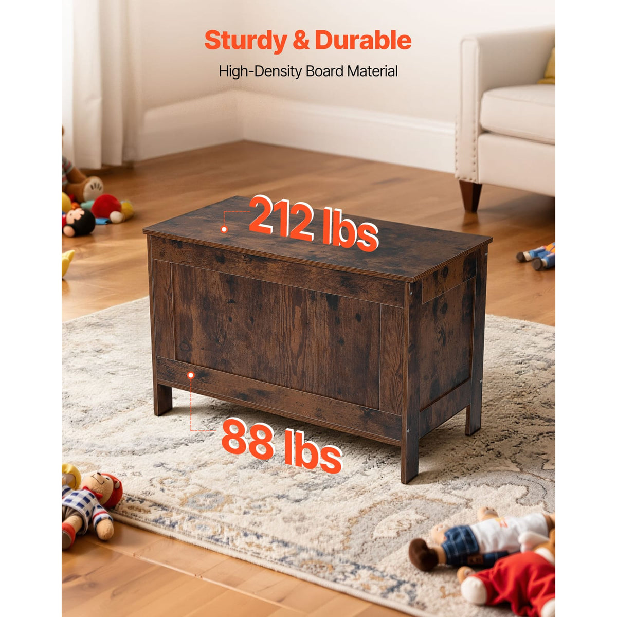 Kids Storage Bench - Brown MDF, Large Toy Box Chest