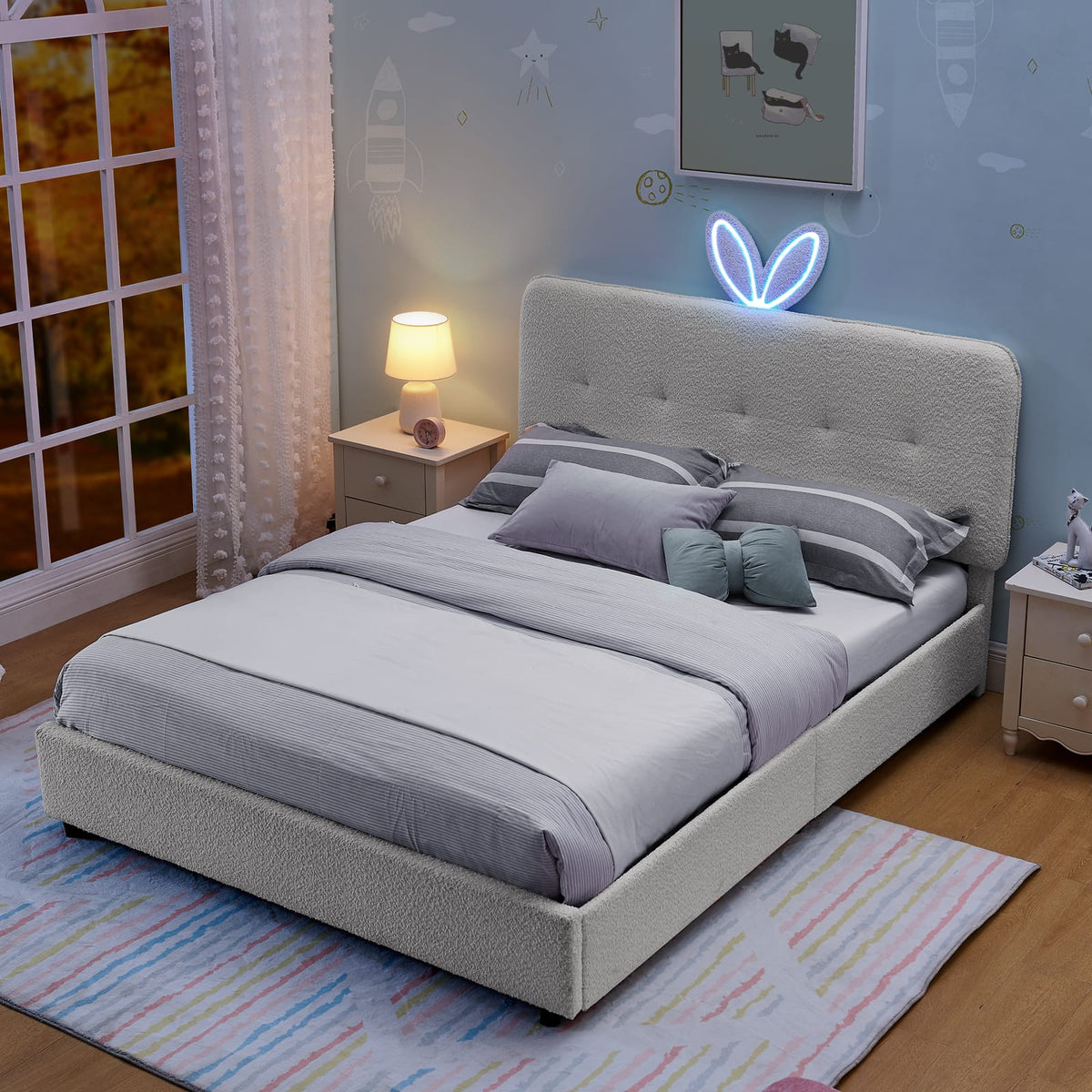 Full Size Kids Bed with Storage - Beige Boucle Fabric