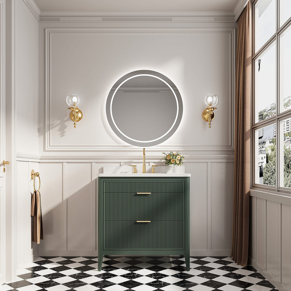 36 Inch Green Fully Assembled Bathroom Vanity with Marble Top