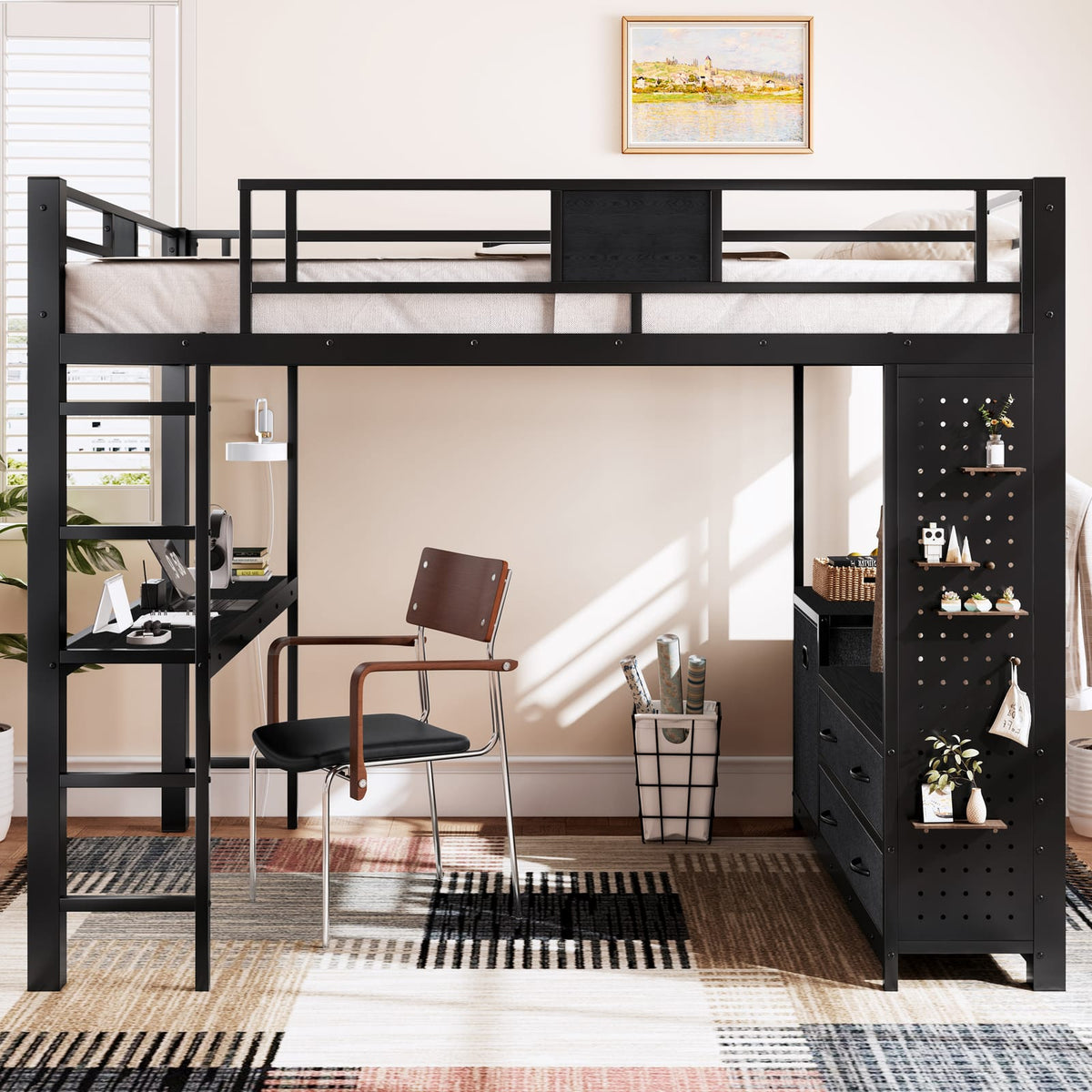 Queen Size Loft Bed with Desk - Black MDF Metal Frame for Bedroom