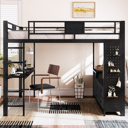 Queen Size Loft Bed with Desk - Black MDF Metal Frame for Bedroom