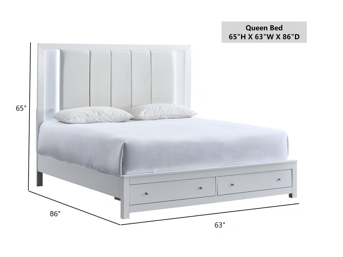 Queen White Wood Bed with Storage Drawers