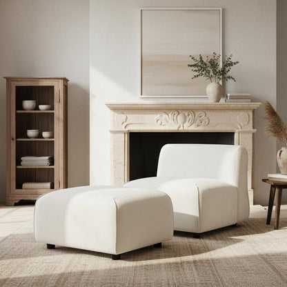 Beige Solid Wood Accent Chair Set with Ottoman for Living Room