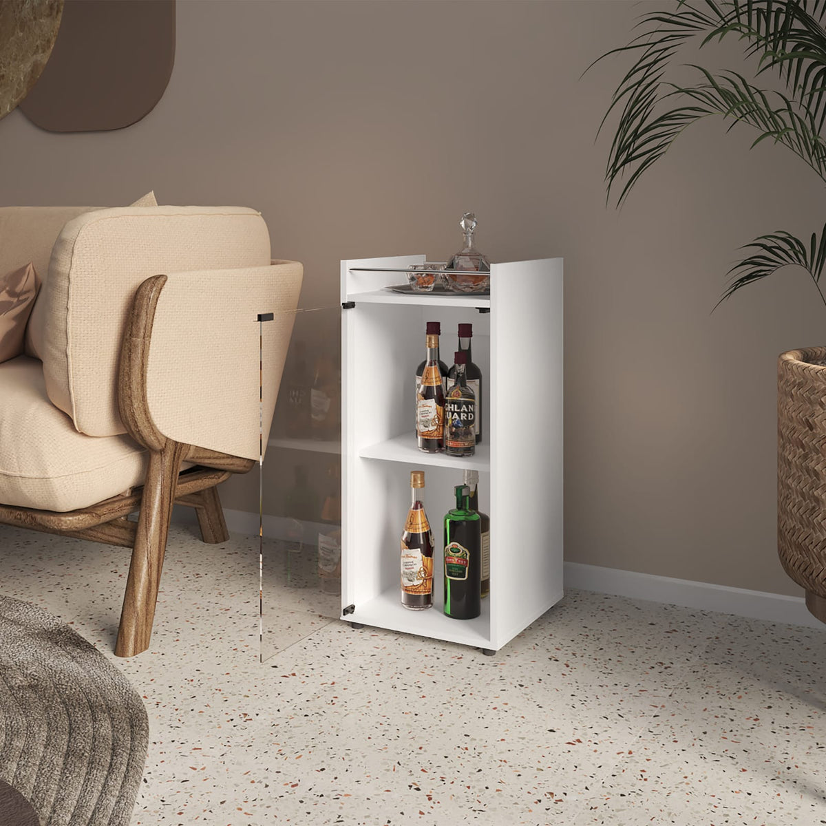 White Kitchen Bar Cabinet with Glass Door & Shelves for Living Room