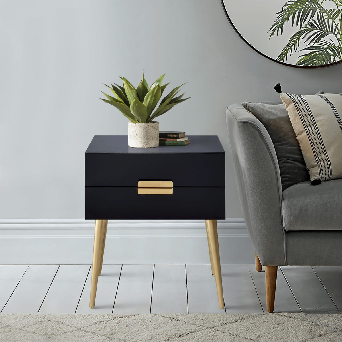 Black & Gold Side Table - Storage Drawers, Mid-Century Modern