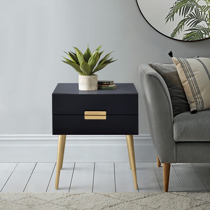 Black & Gold Side Table - Storage Drawers, Mid-Century Modern