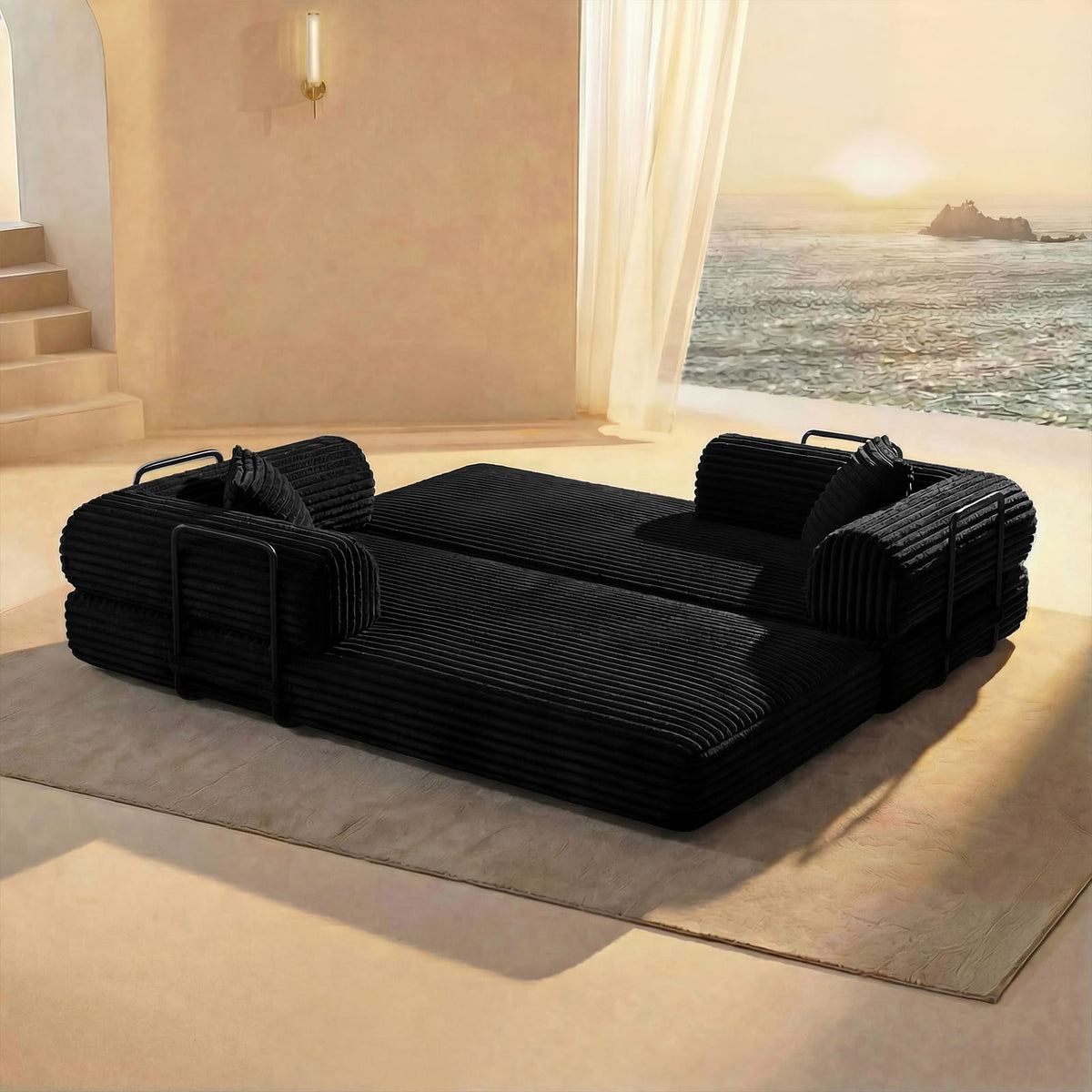 2 Seat Black Foam Sofa - Convertible Sleeper Bed for Living Room