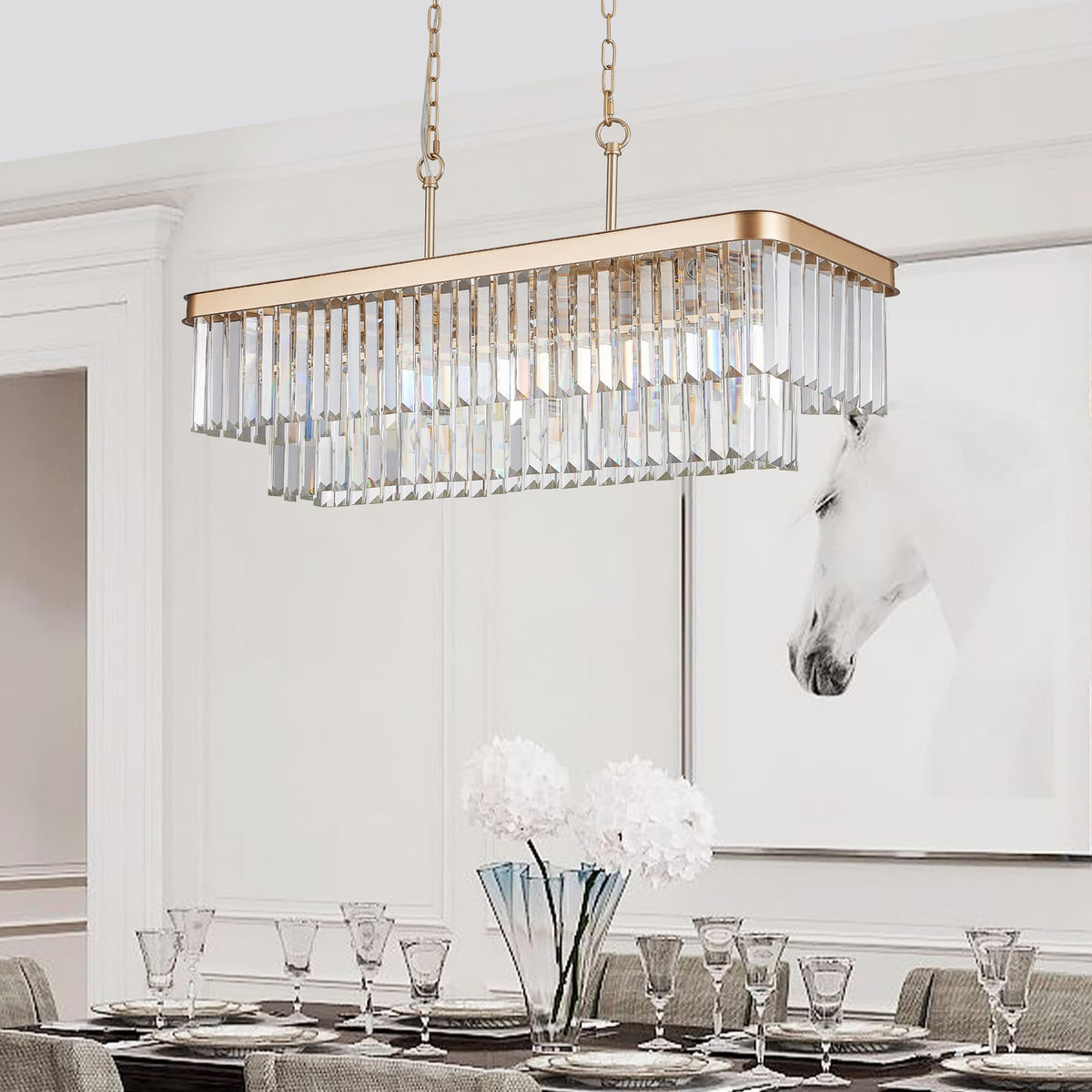 Rectangular Gold Crystal Chandelier - Farmhouse Industrial Lighting