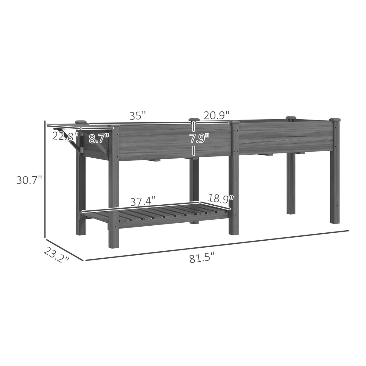 Grey Wood Raised Garden Planter with Table and Storage Shelf