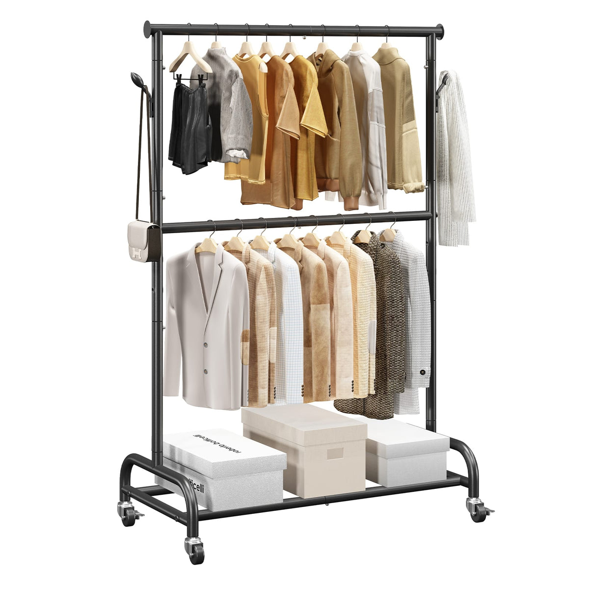 Black Carbon Steel Rolling Coat Rack - 77" Tall