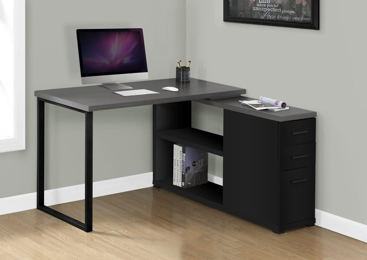 L Shape Computer Desk with Storage Drawers - Black & Grey