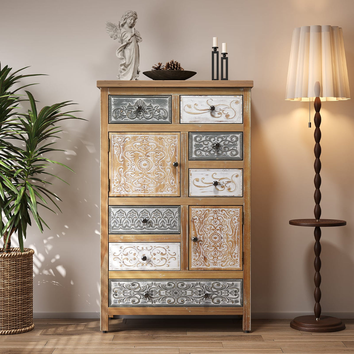 Colorful Vintage Accent Cabinet - 7 Drawers, Rustic Storage Chest for Living Room