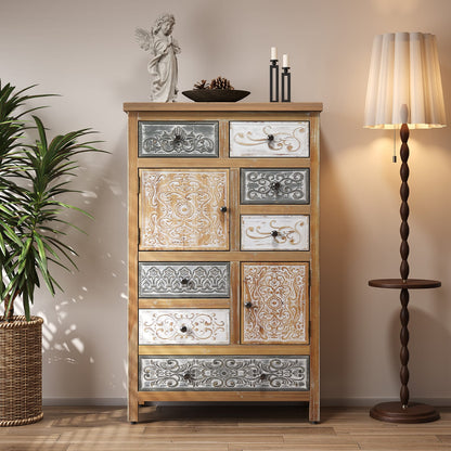 Colorful Vintage Accent Cabinet - 7 Drawers, Rustic Storage Chest for Living Room