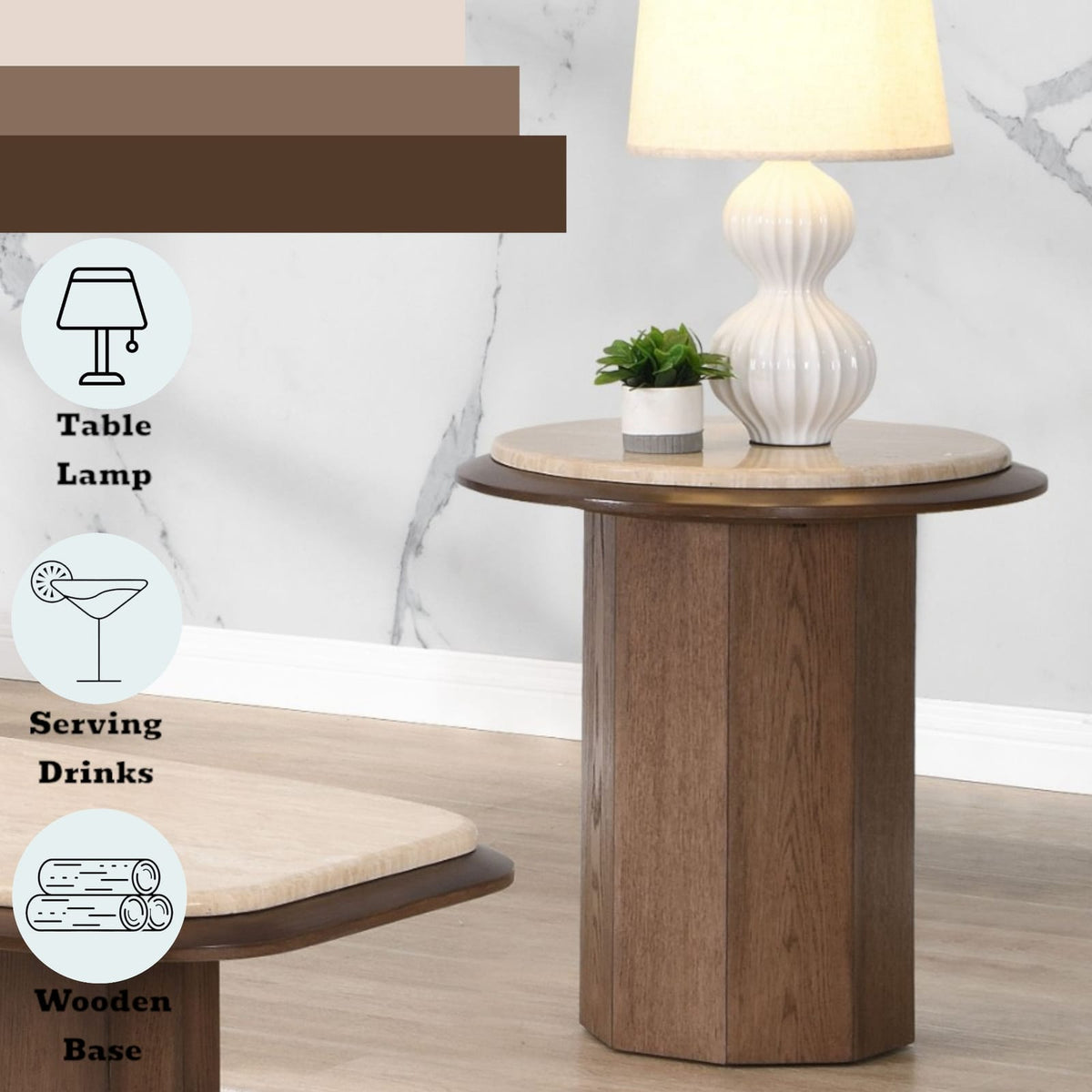 Kasha Walnut End Table - Travertine Top, 22" x 22" for Living Room