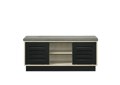 38.5" Oak Storage Bench with Gray Upholstered Top
