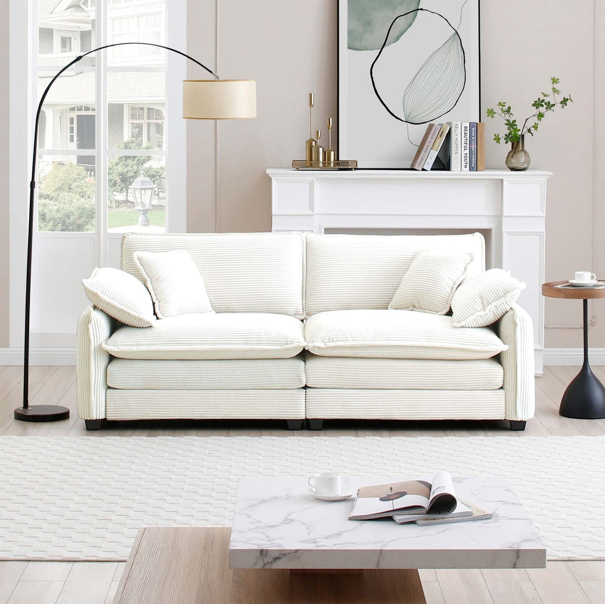 Beige Corduroy 2-Seat Sofa - Comfortable Living Room Sofa