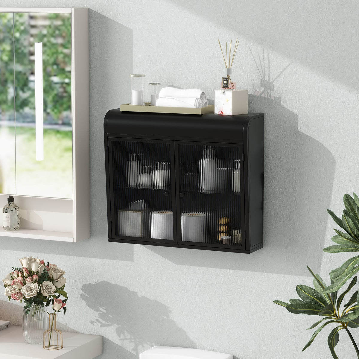 Antique Black 2-Door Wall Mounted Bathroom Cabinet with Glass Doors