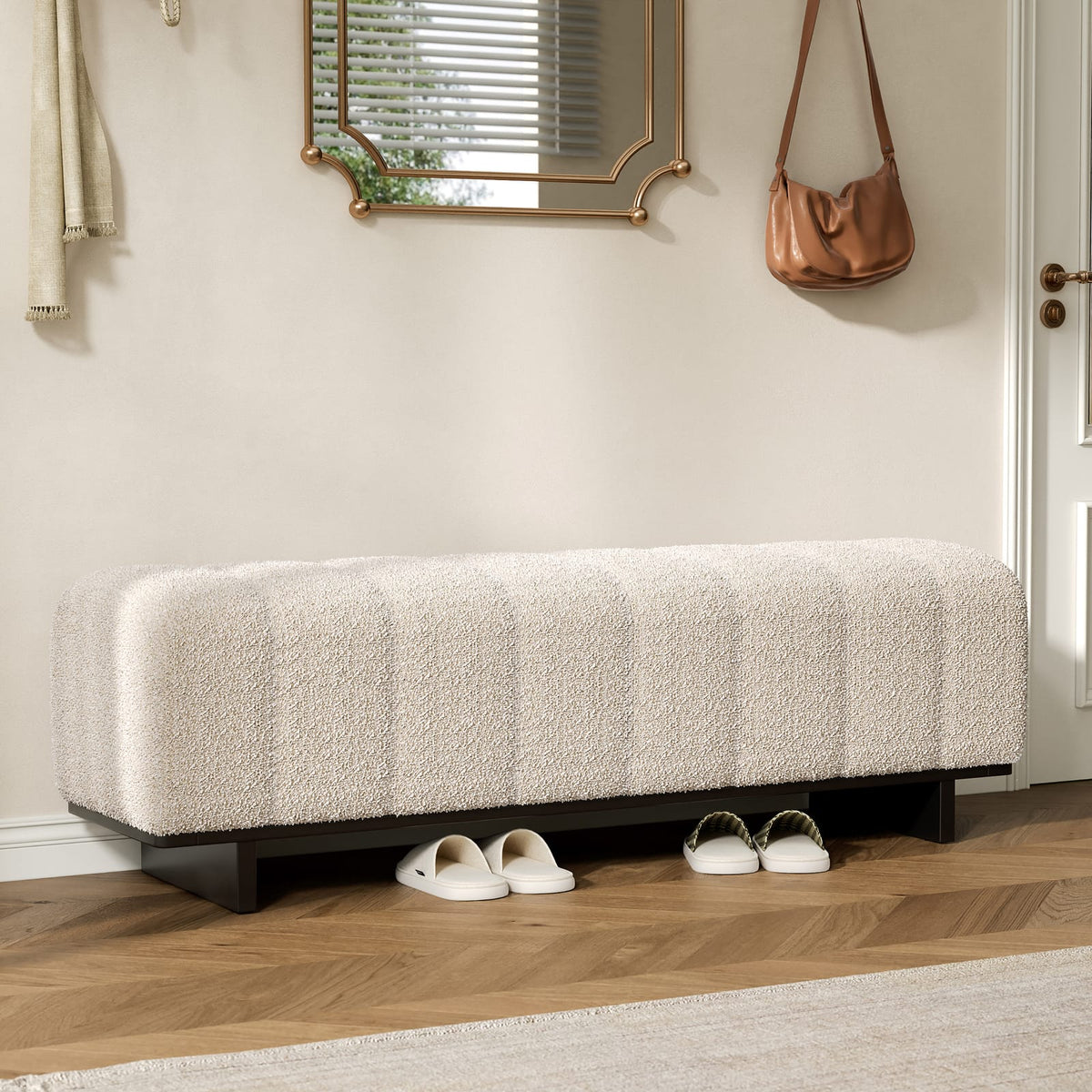 Beige Faux Fur Dining Bench with Rubber Wood Legs for Living Area for Dining Room