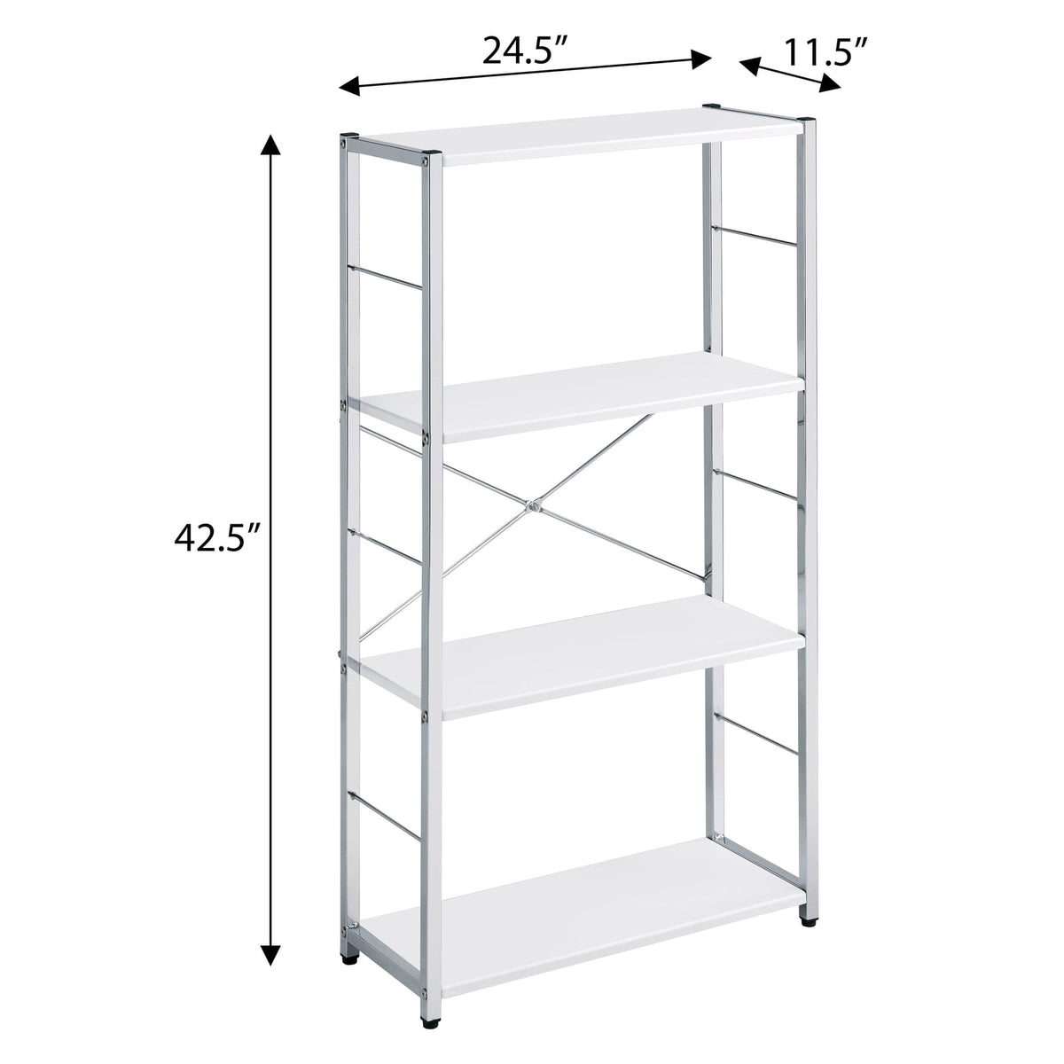 White Silver Modern Wood Metal Bookshelf with 4 Shelves for Living Room
