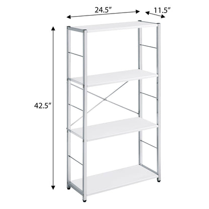 White Silver Modern Wood Metal Bookshelf with 4 Shelves for Living Room