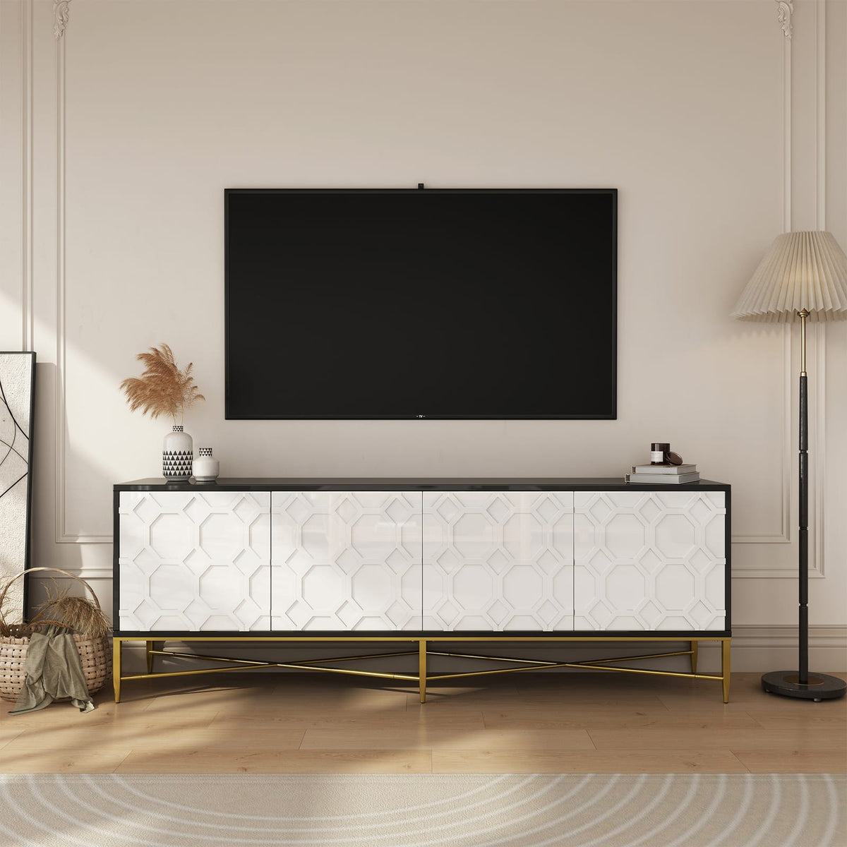 Black & White Scottie Dog TV Stand 70" Modern Coffee Table with Storage