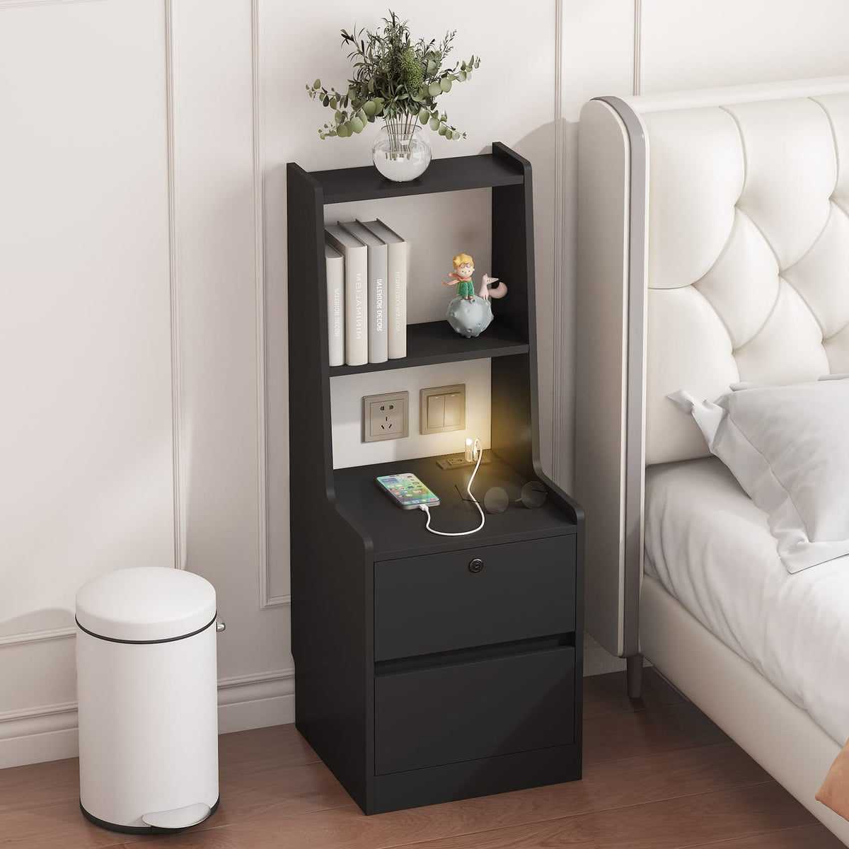 Black Particle Board Nightstand with USB Charging & Night Light for Bedroom