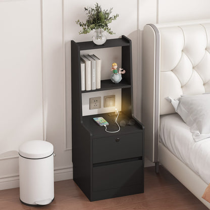 Black Particle Board Nightstand with USB Charging & Night Light for Bedroom