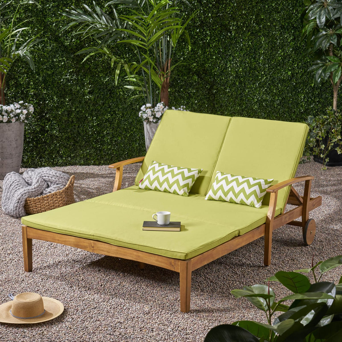 Teak Acacia Wood Dual Chaise Lounger for Poolside Relaxation