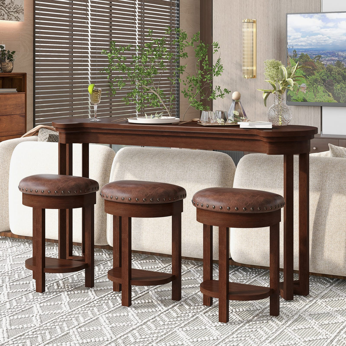 Cherry Solid Wood Bar Table Set with 3 Stools - 60" Dining Table for Dining Room