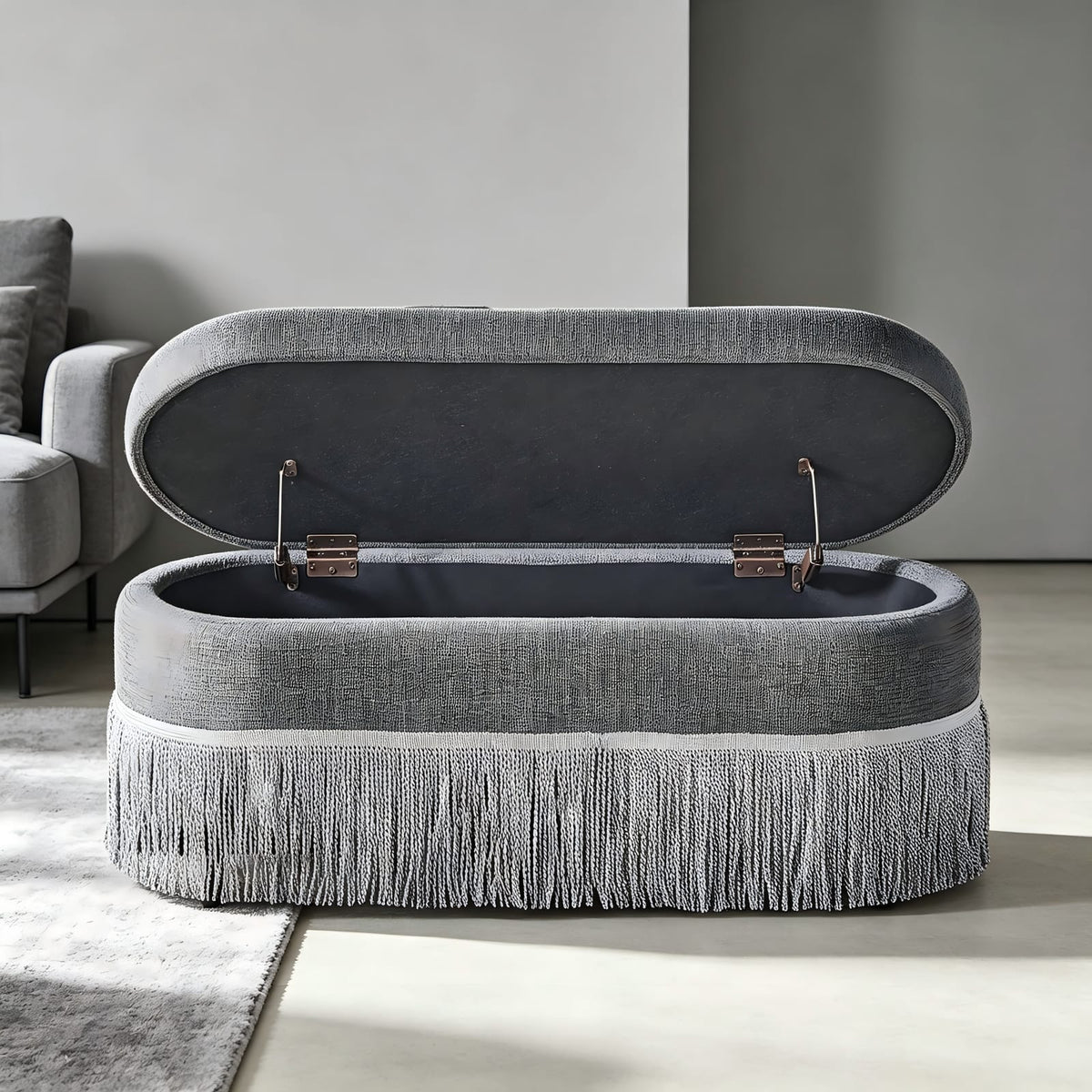 Grey Foam & Metal Storage Ottoman - Lift Top, Hidden Storage for Living Room