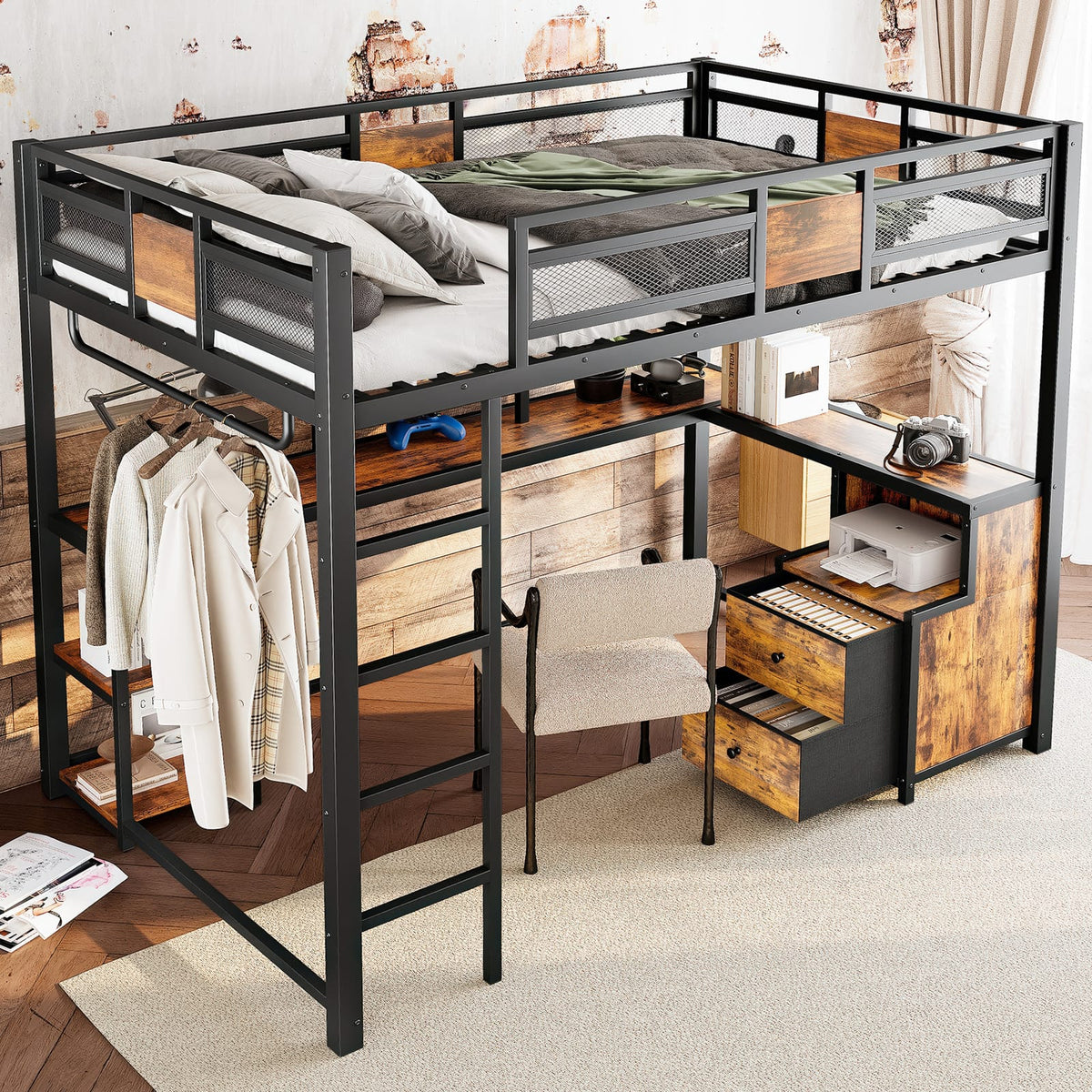 Black Full Loft Bed with Storage and Desk, Metal Frame for Bedroom