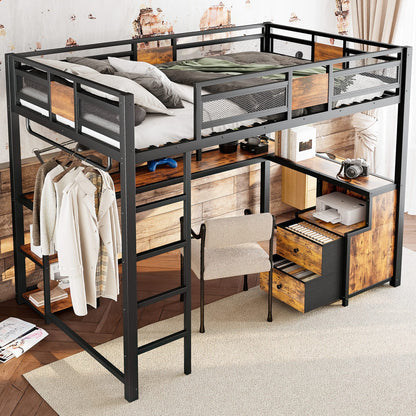 Black Full Loft Bed with Storage and Desk, Metal Frame for Bedroom