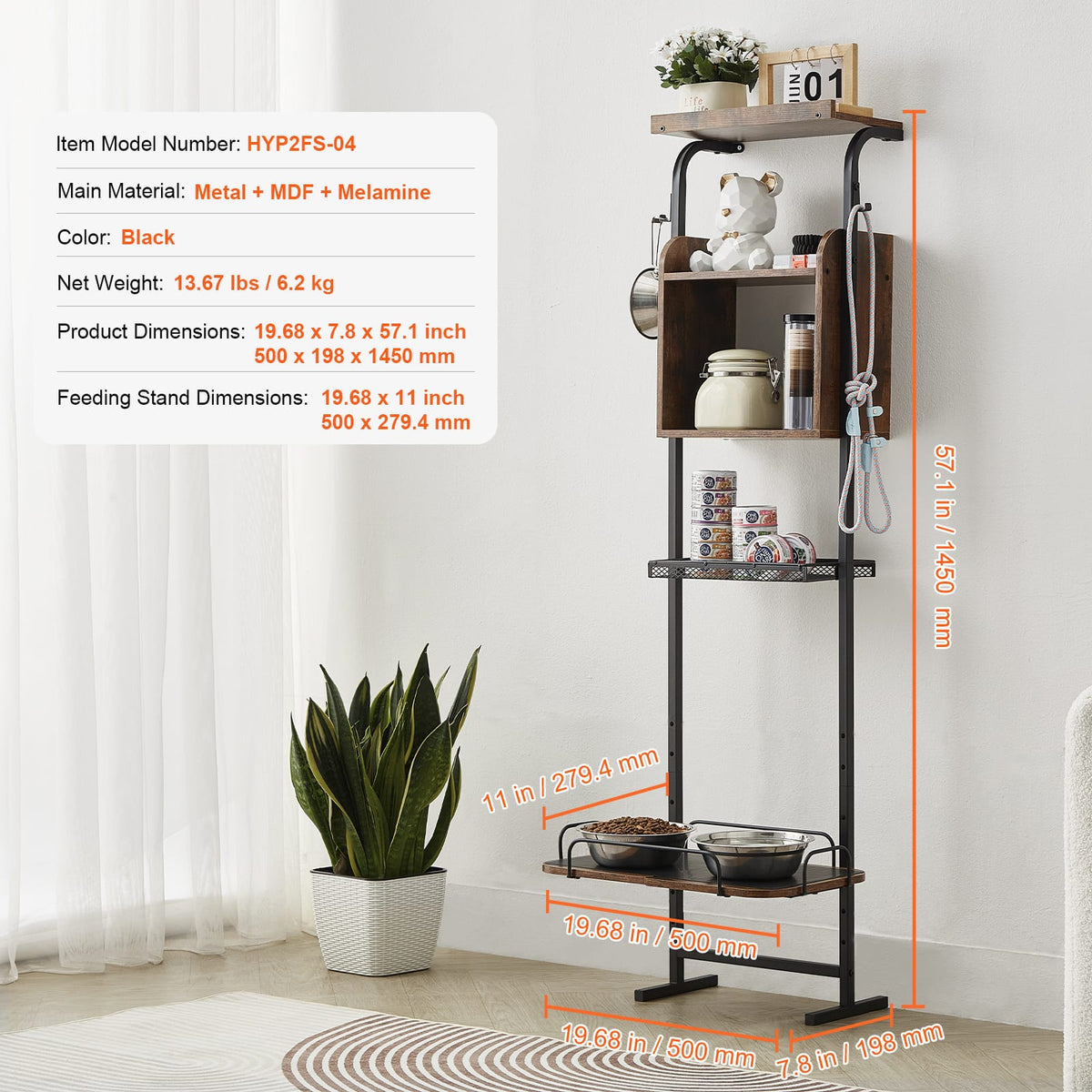 Pet Feeding Station with Storage - Black Metal & Wood