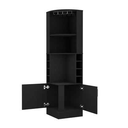 Black Corner Bar Cabinet with Wine Rack - 18.4"W x 18.4"D x 71.1"H