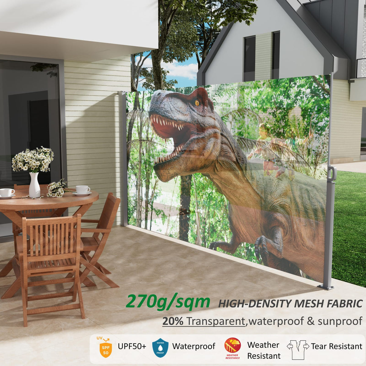 Gray Retractable Side Awning Screen for Garden or Pool Area