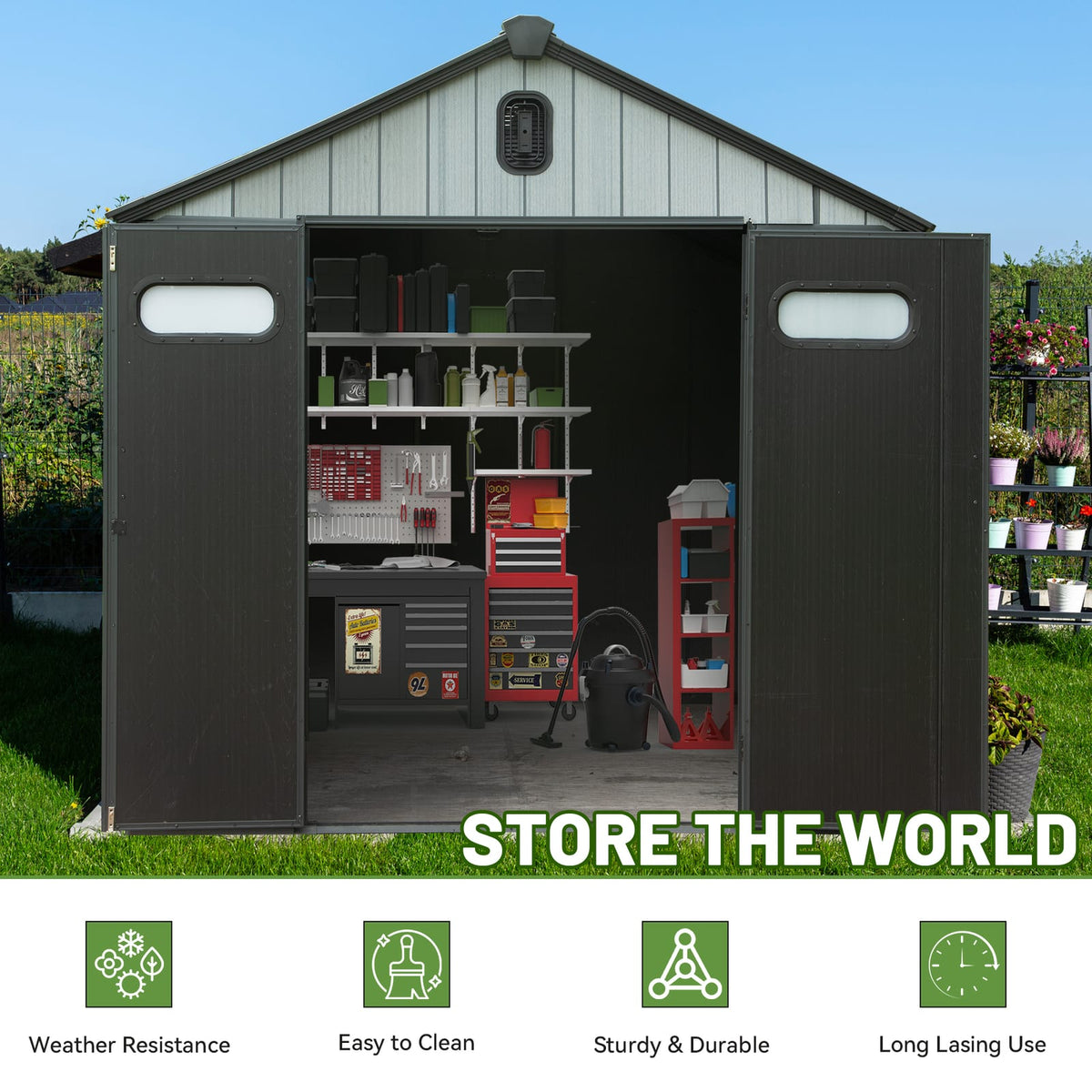8x10ft Outdoor Resin Storage Shed - Waterproof & Secure