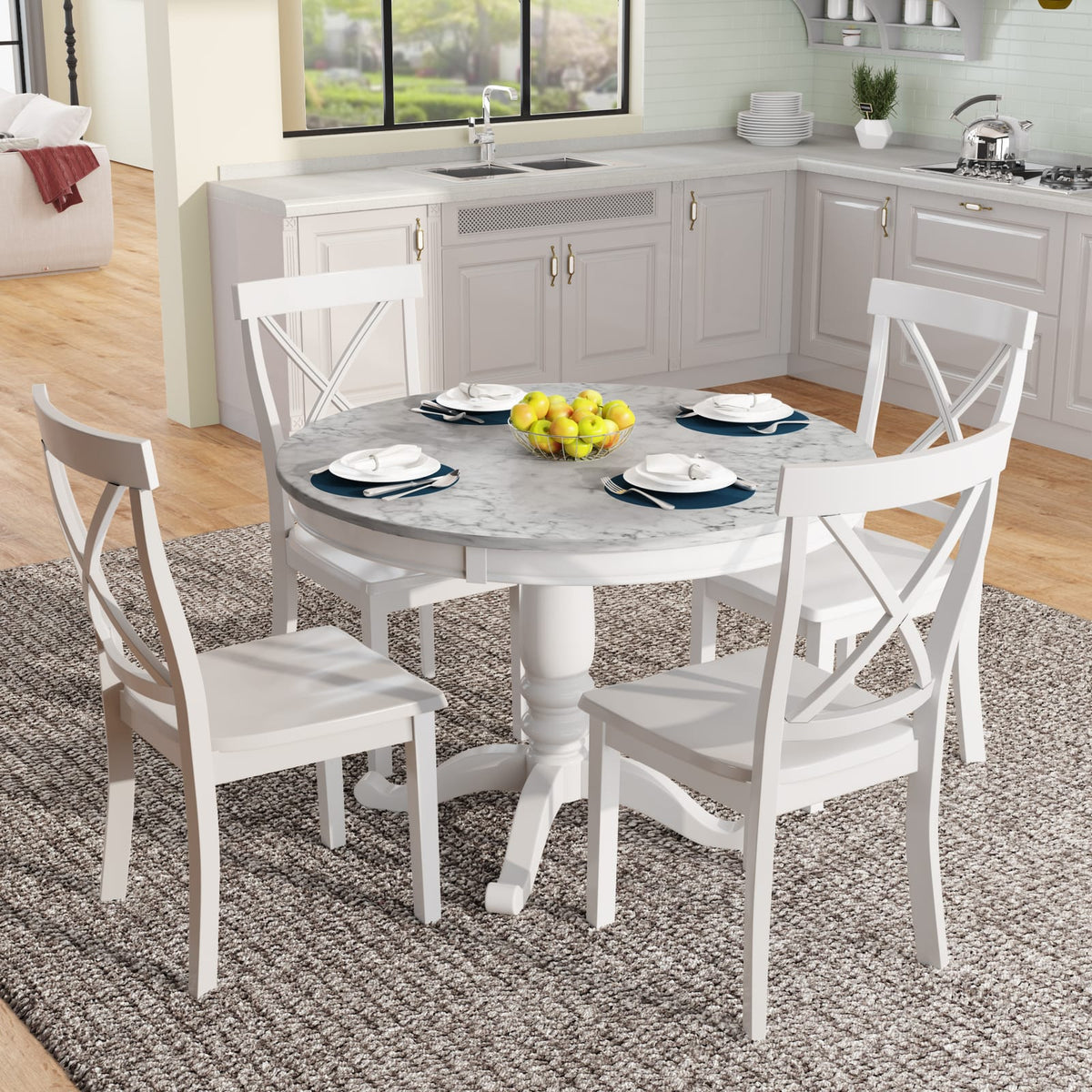 5-Piece Solid Wood Dining Table Set - White