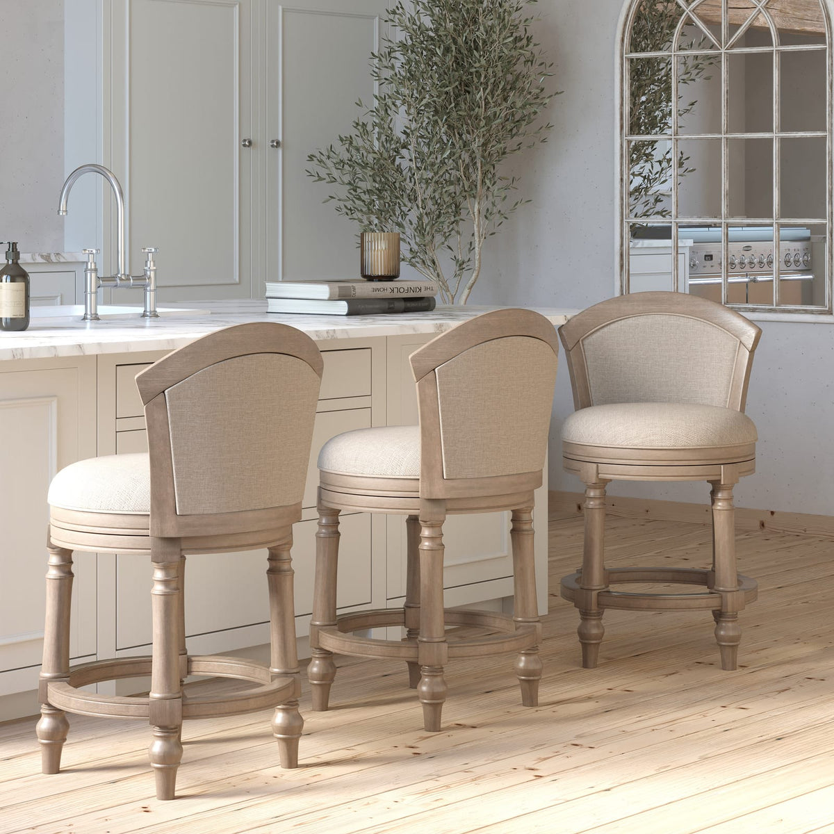Gray Barrel-Back Bar Stool - Swivel & Upholstered Comfort