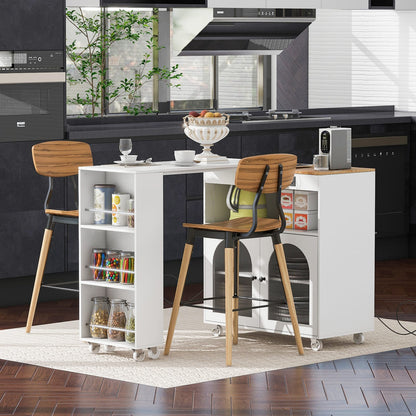 White Rolling Kitchen Island with LED Lights and Storage